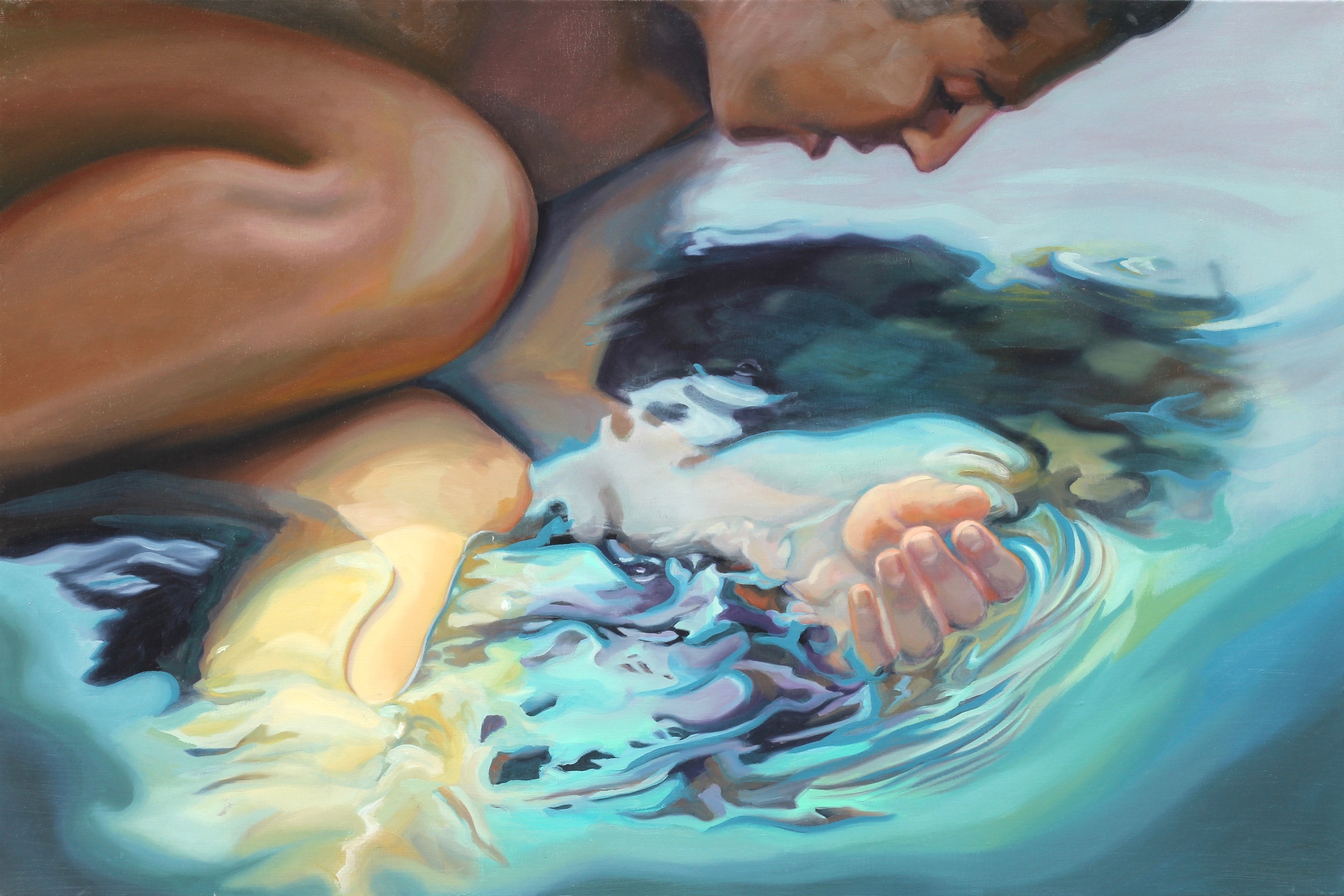 Commissioned oil painting of a figure reaching into luminous rippling water.