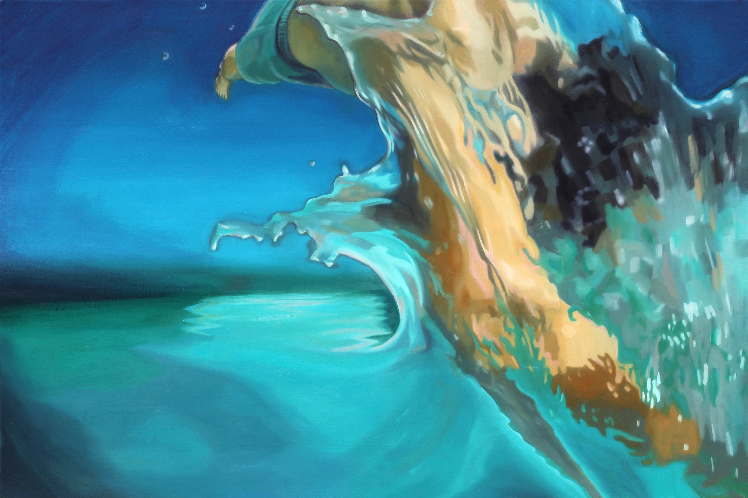 Commissioned oil painting of a curling wave and tree-like form over turquoise water.