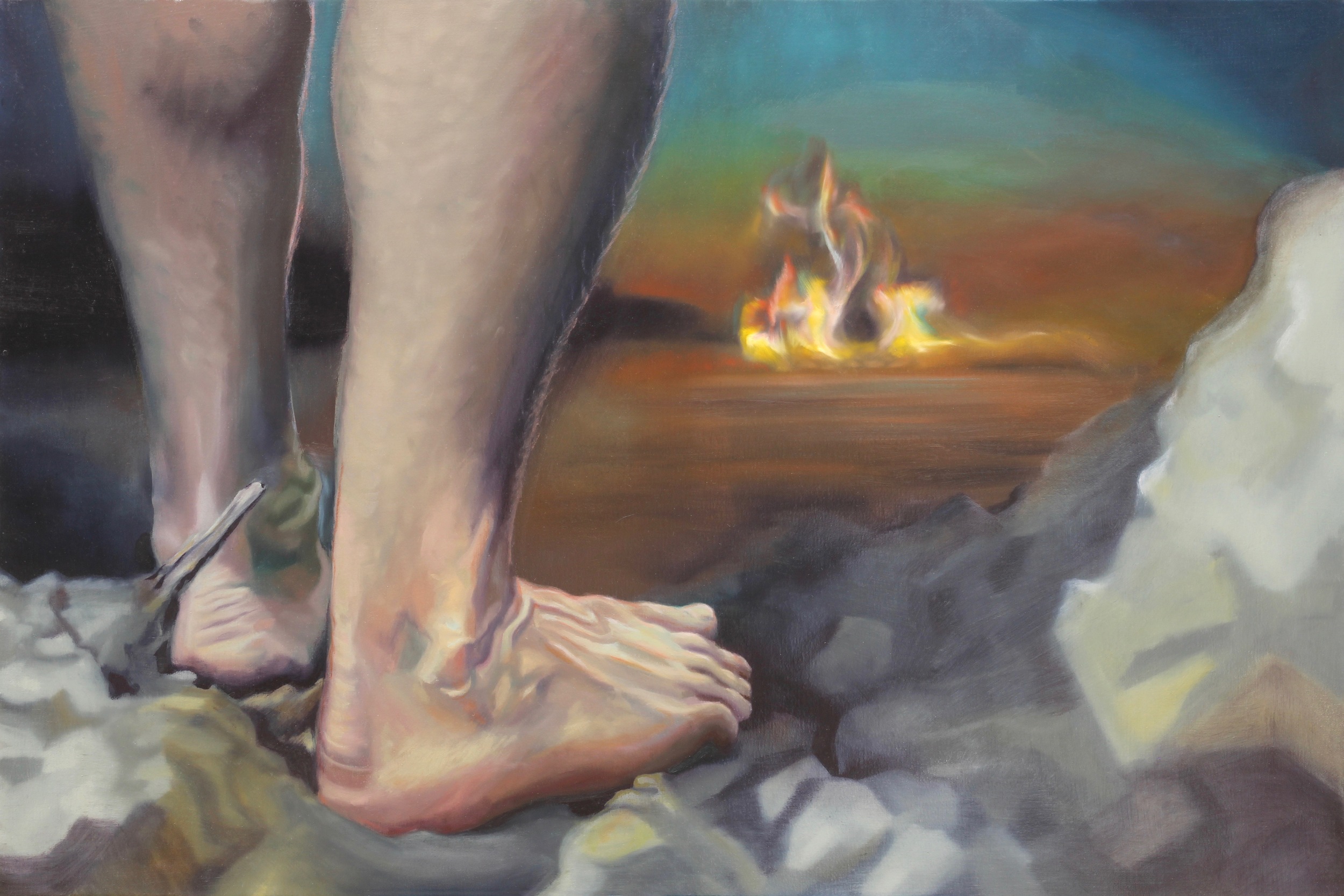 Commissioned oil painting of bare feet standing on rock with a small fire in the distance.