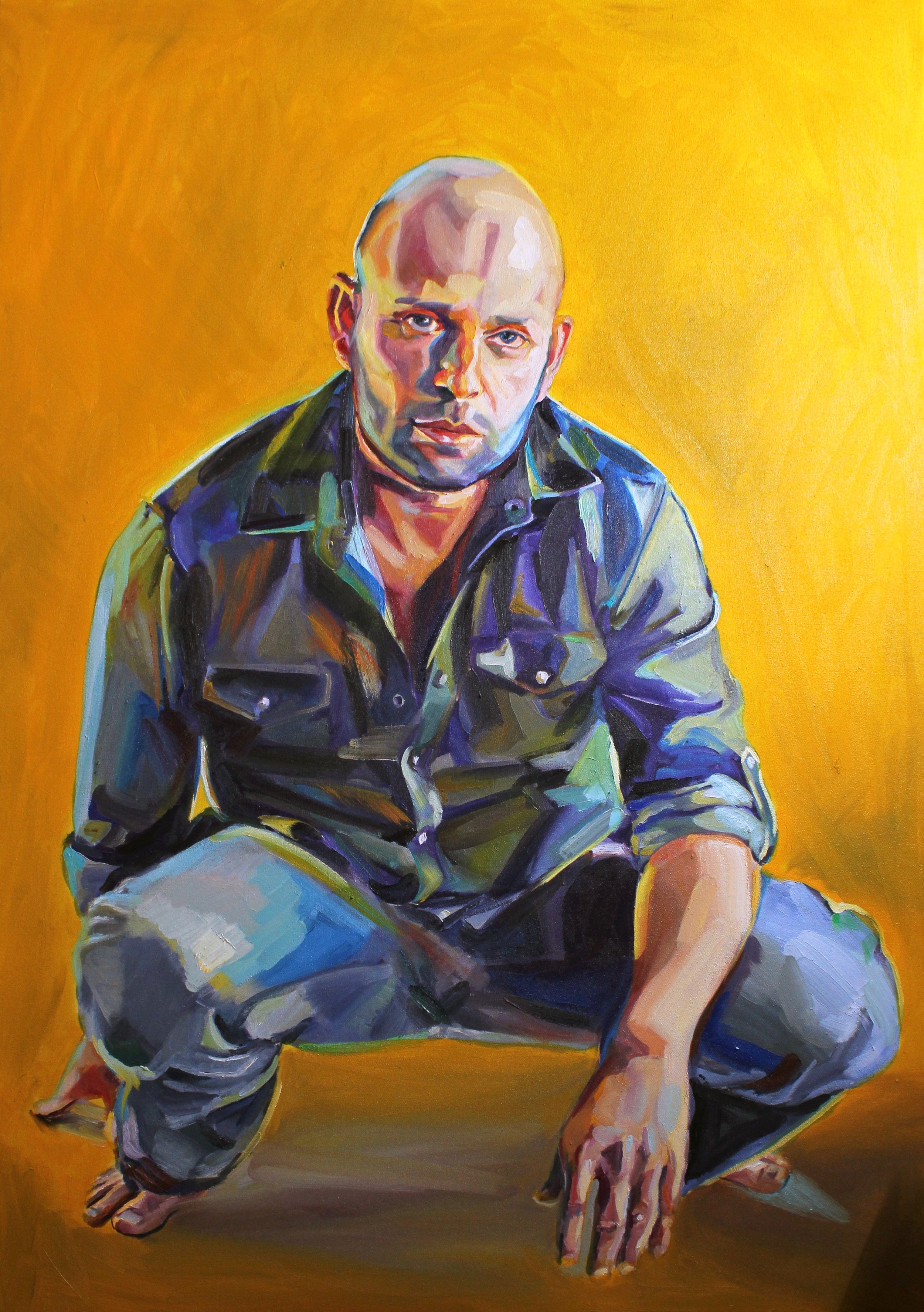 Full-length commissioned oil portrait of Dan crouching against a saturated yellow background.