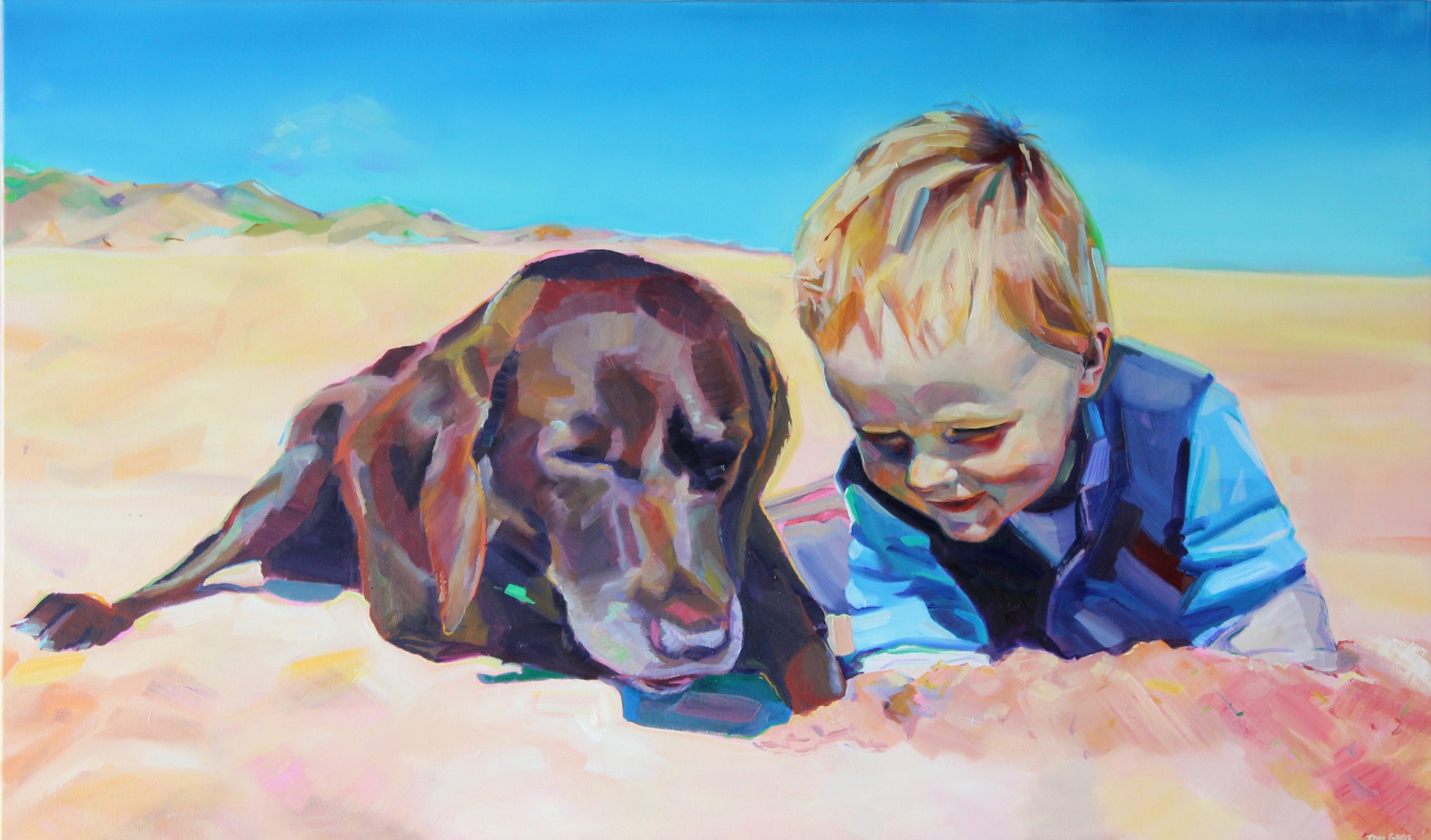 Commissioned oil painting of a child lying beside a brown dog on a bright beach.
