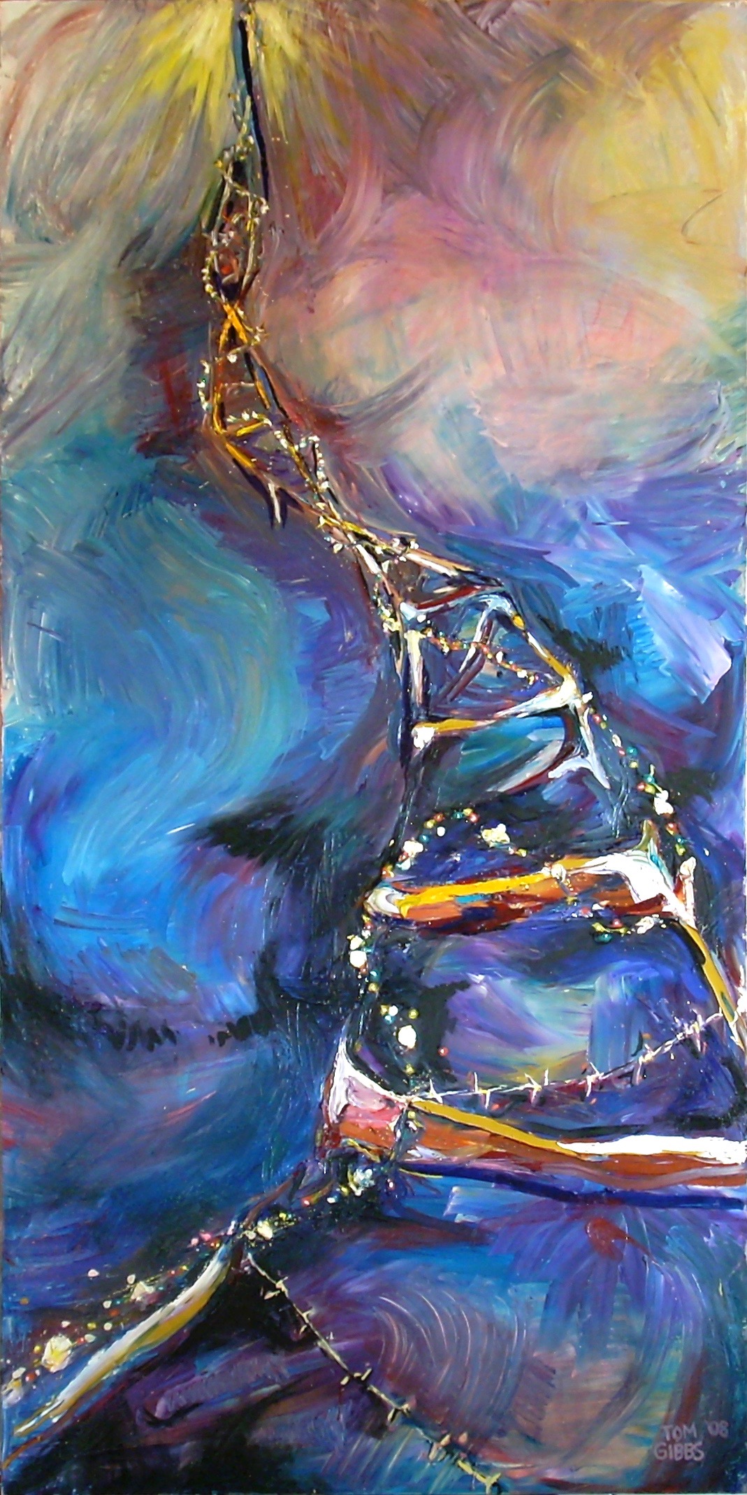 Tall abstract commissioned painting in violet and blue crossed by a branching gold line.
