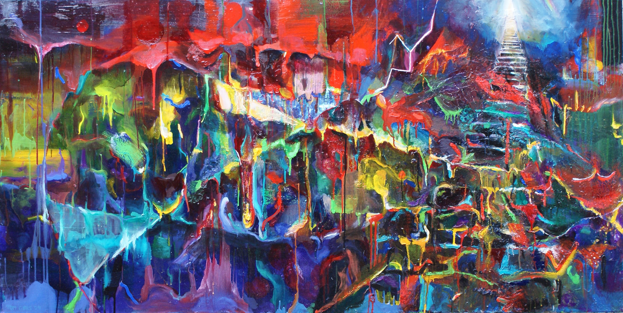 Wide abstract commissioned painting built from layered red, blue, green and yellow marks.