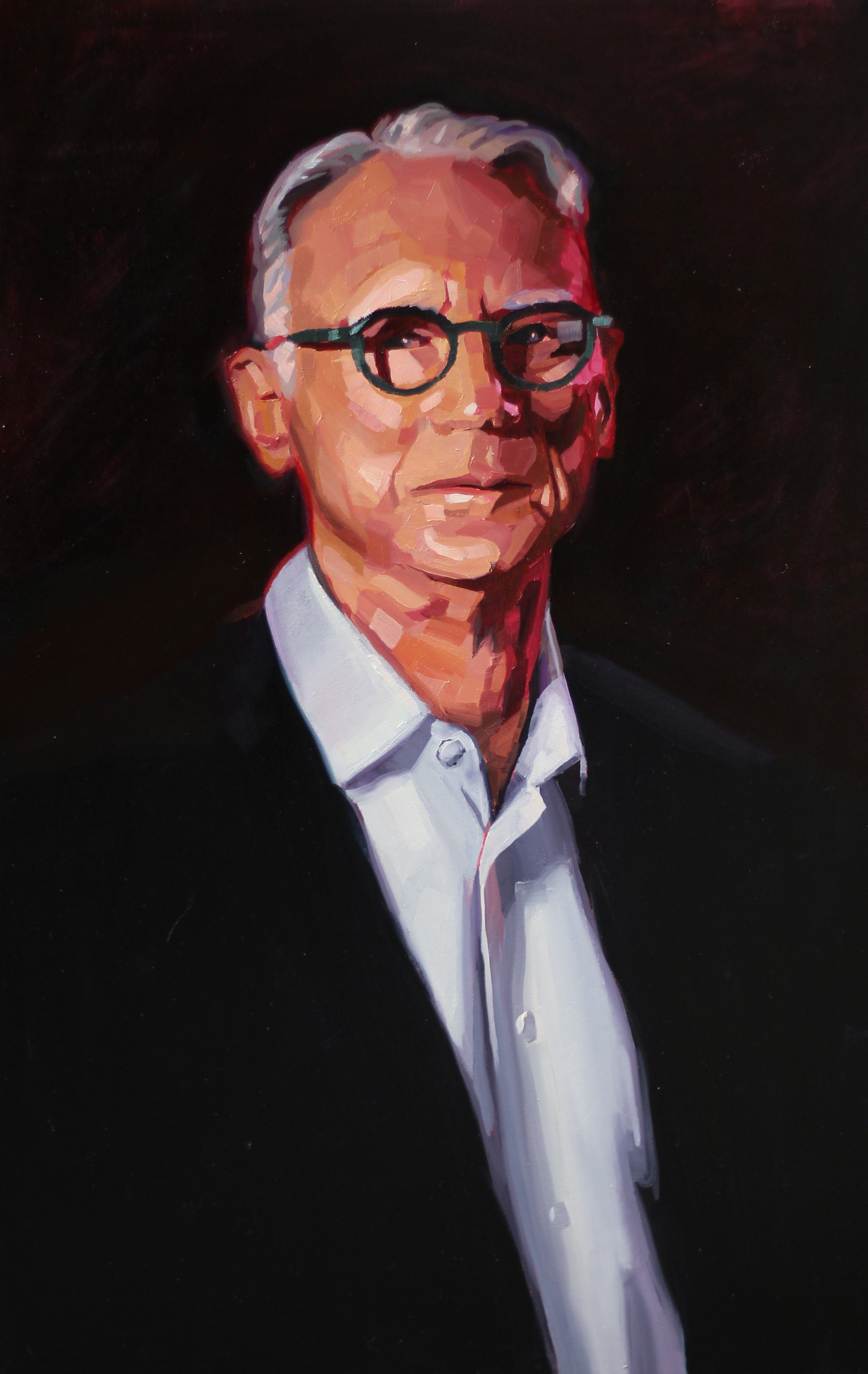 Oil portrait of an older grey-haired man wearing dark glasses, a white shirt and black jacket.