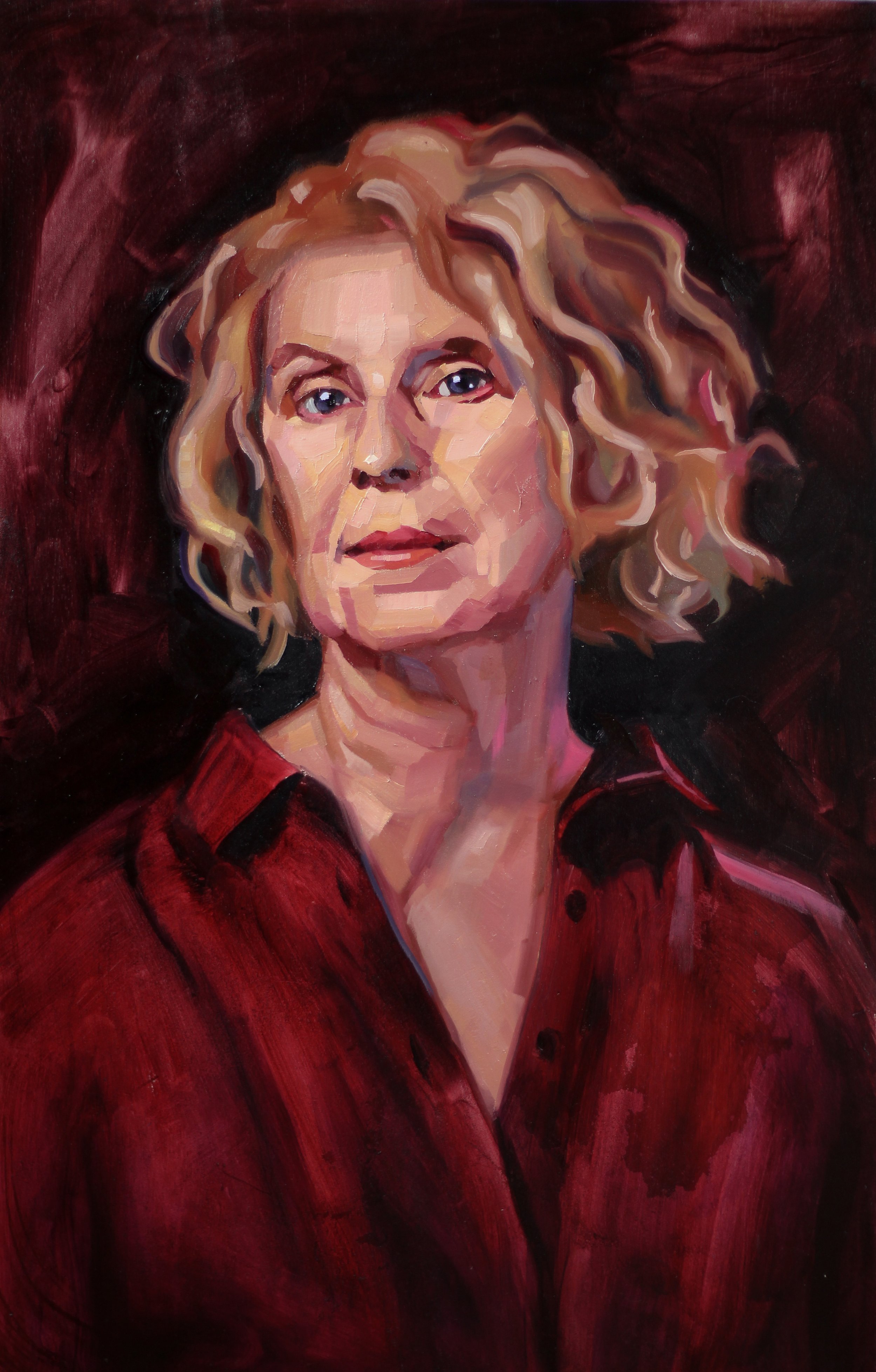 Expressive oil portrait of a blonde woman in a red blouse against a deep burgundy background.