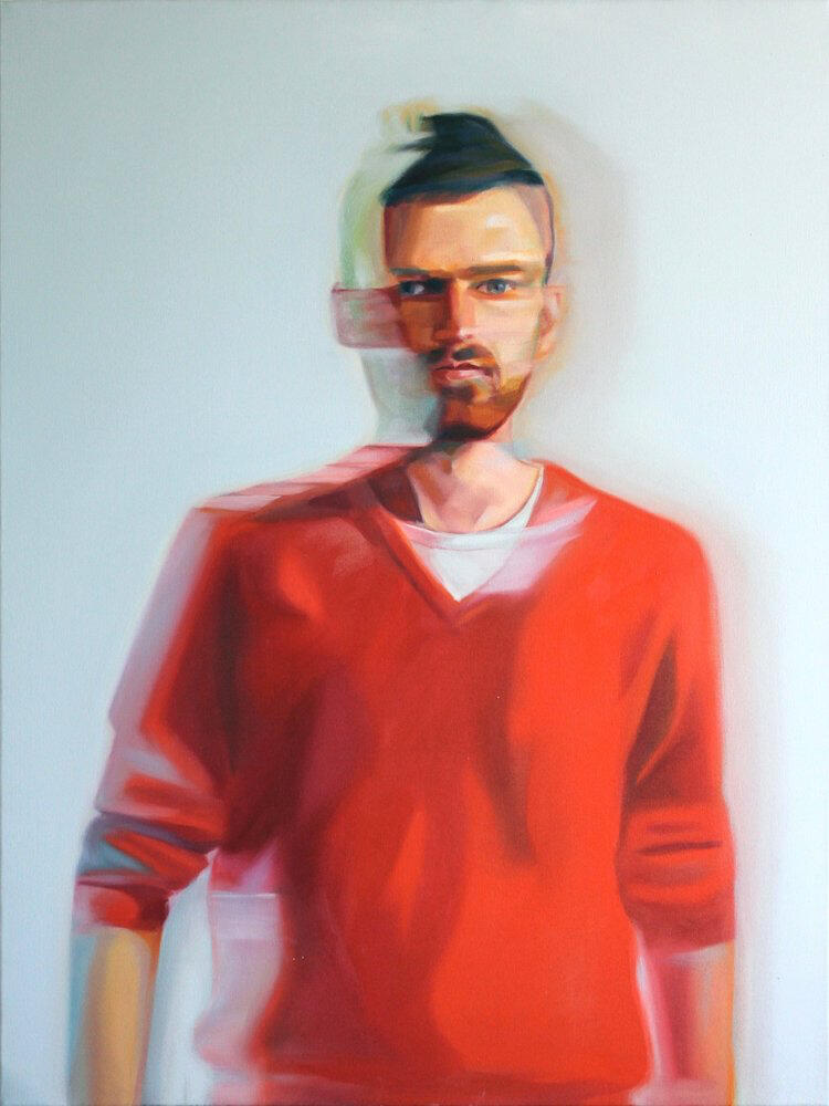 Blurred full-length self-portrait of a side-stepping figure in a bright red jumper.