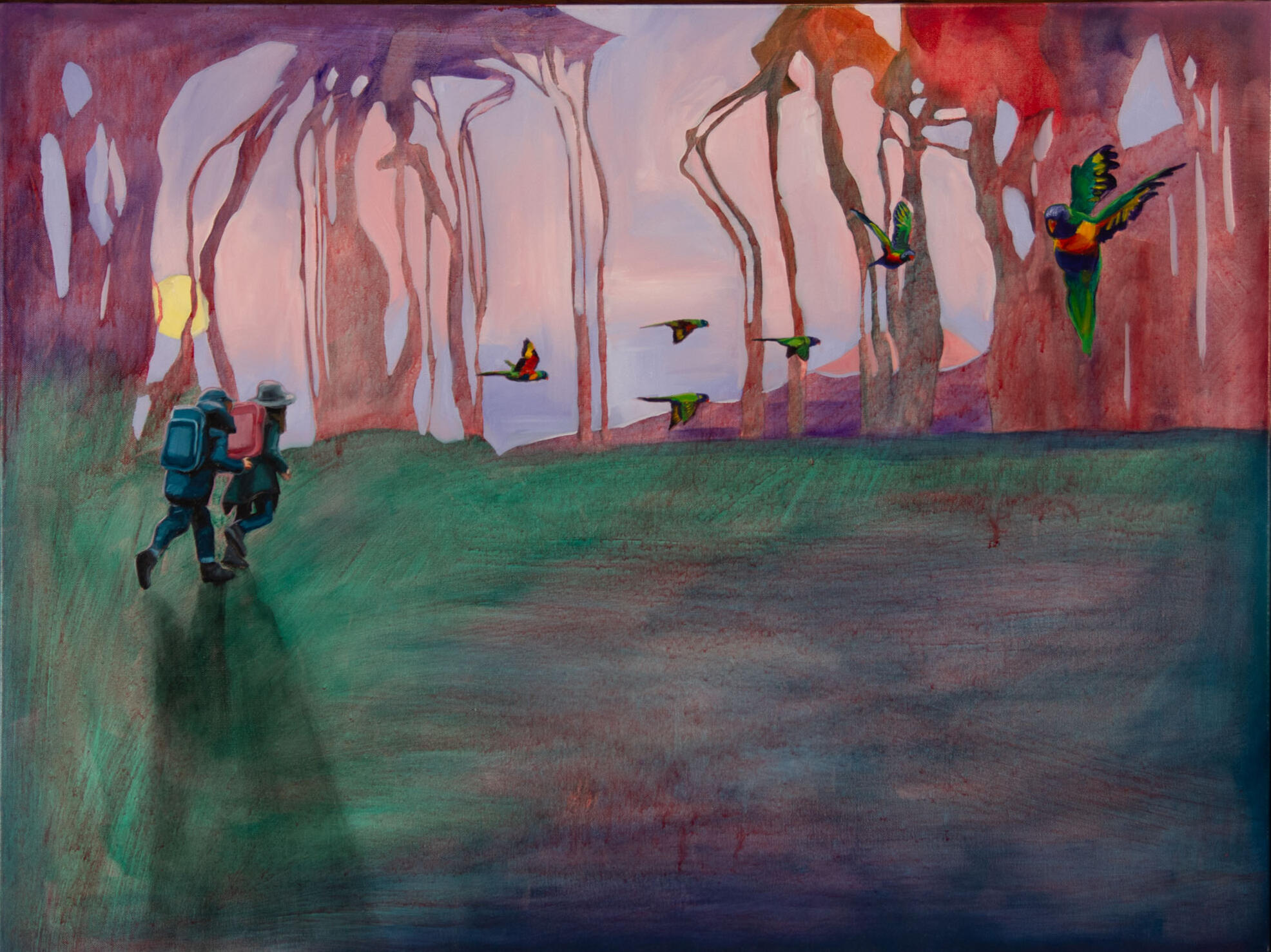 Narrative oil painting of a child travelling through sunlit Australian bush as lorikeets take flight.