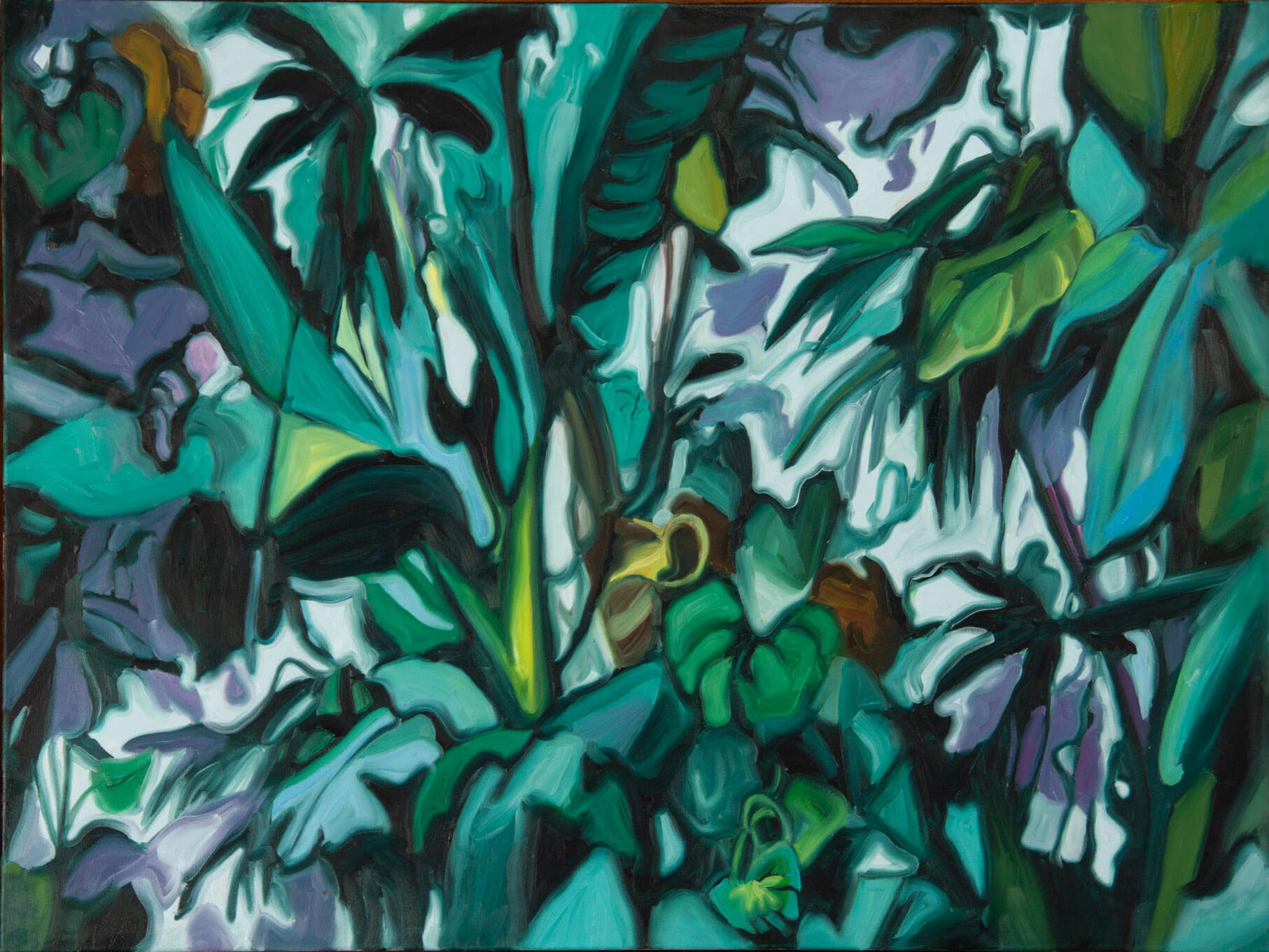 Lush green oil study of overlapping tropical Queensland foliage and fluid organic forms.
