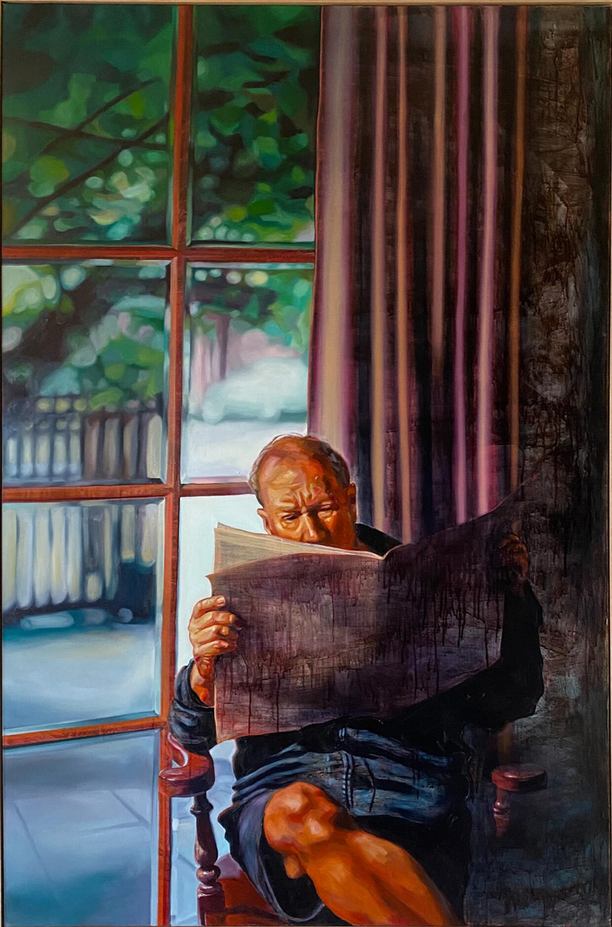 Oil painting of Marty seated by a large window, reading a newspaper beside deep purple curtains.