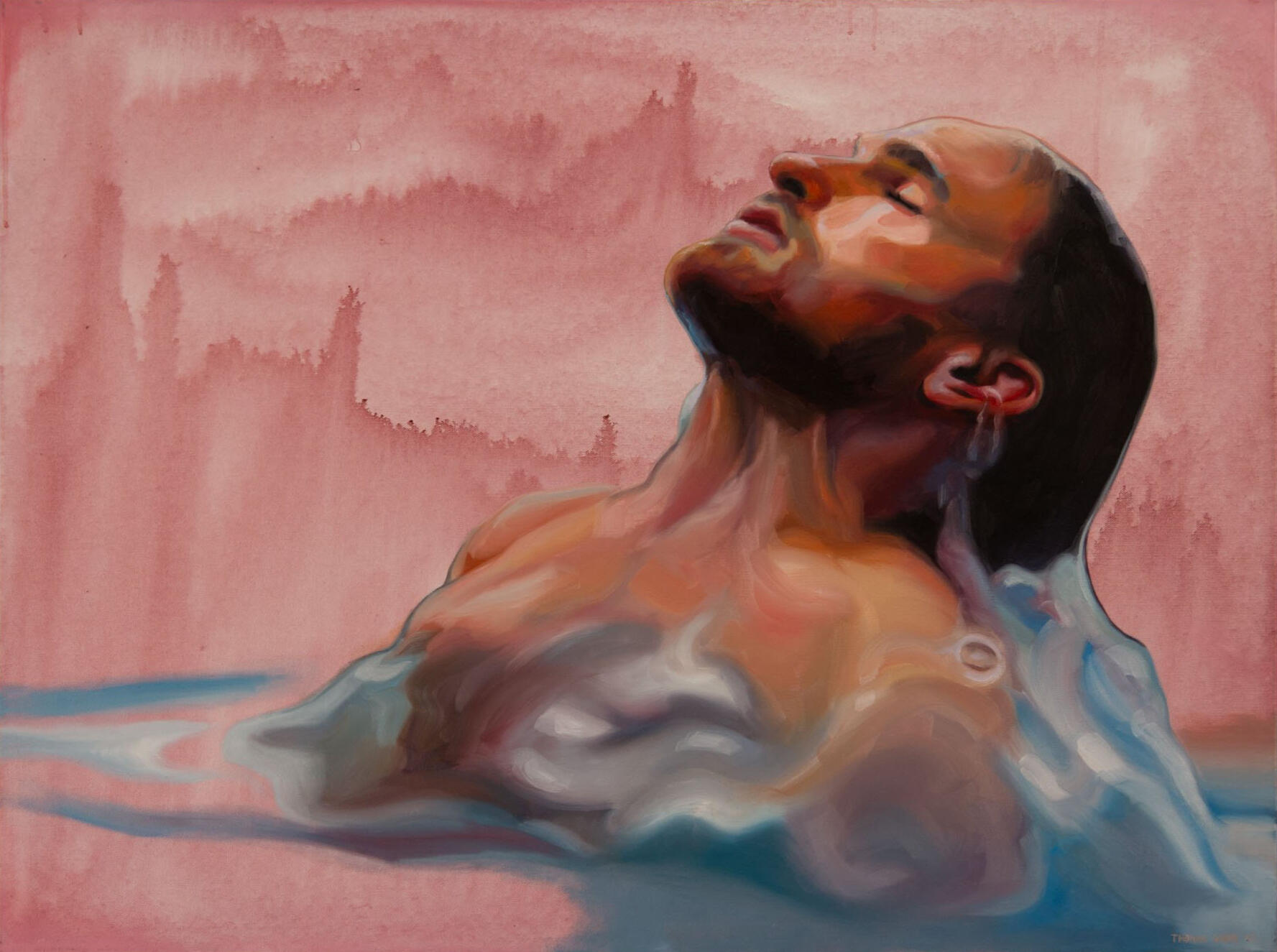 Painted self-portrait of a man emerging through blue water against a deep red field.