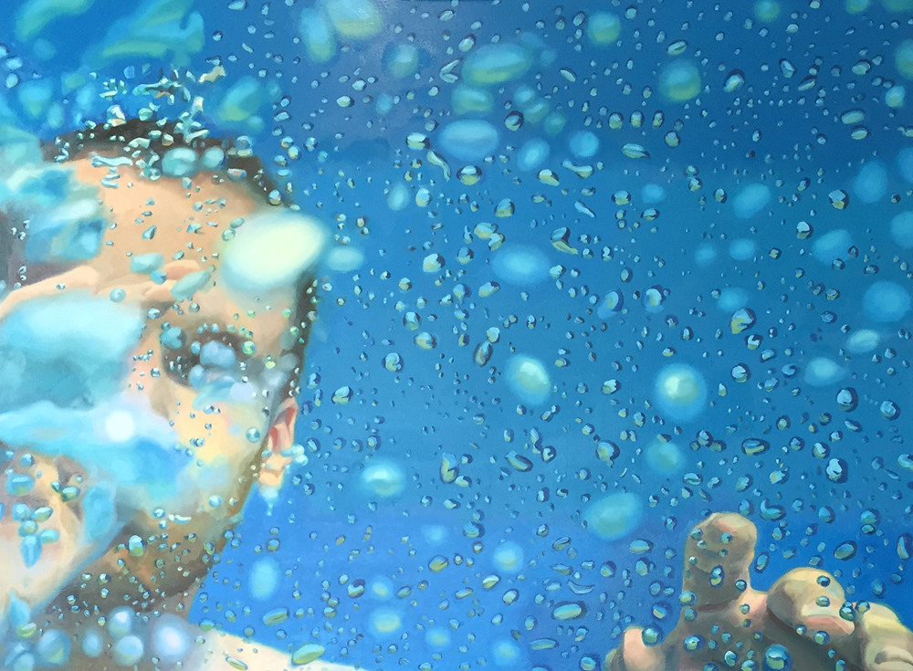 Blue oil painting of a partially submerged figure seen through a field of bubbles and moving water.