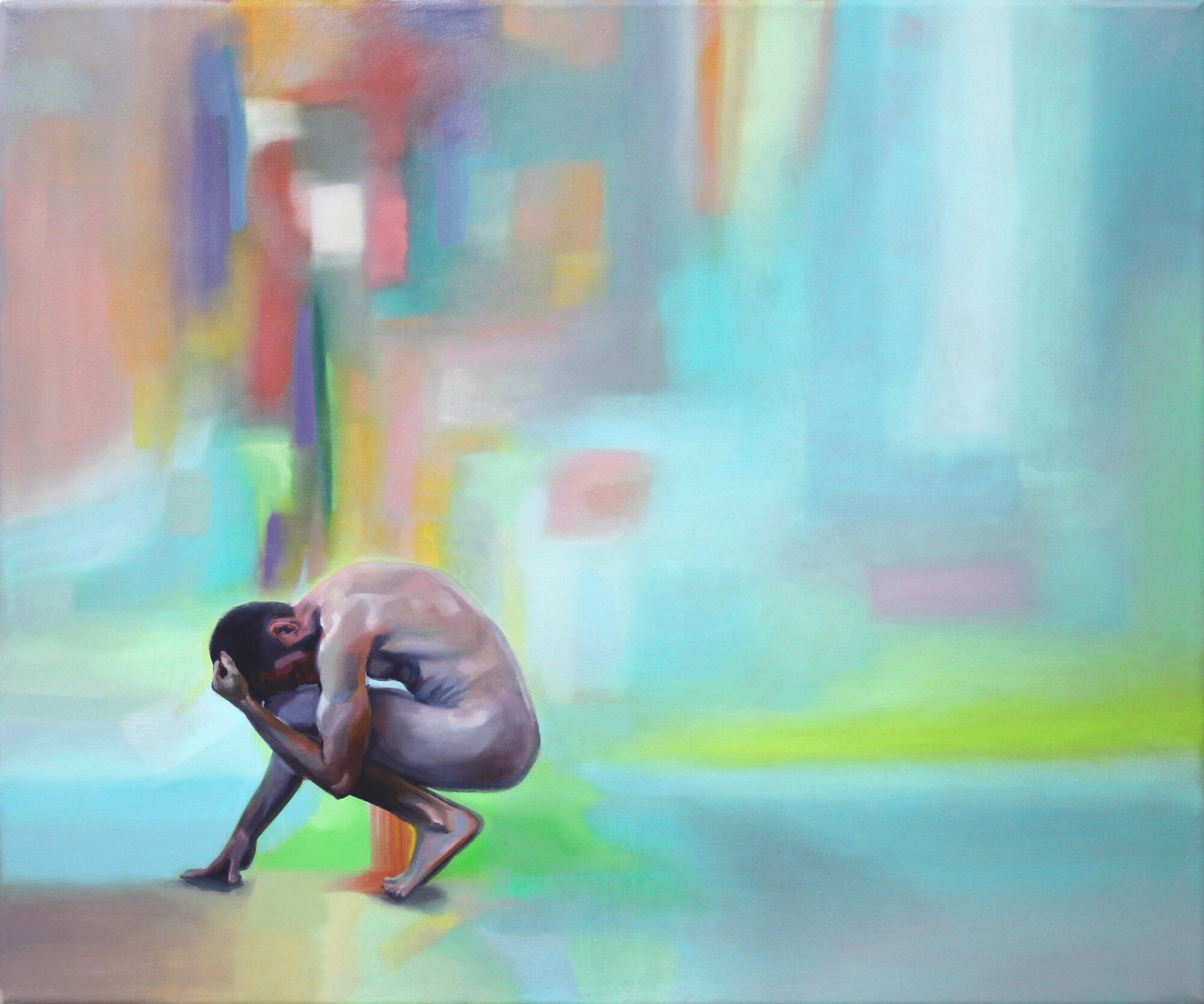 Oil painting of a nude man crouched in a void while bands of bright colour surge through the surrounding space.